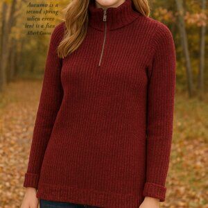 Lands' End Sweater Womens Small Ribbed Knit Red Black 1/4 Zip Mock Neck Pullover